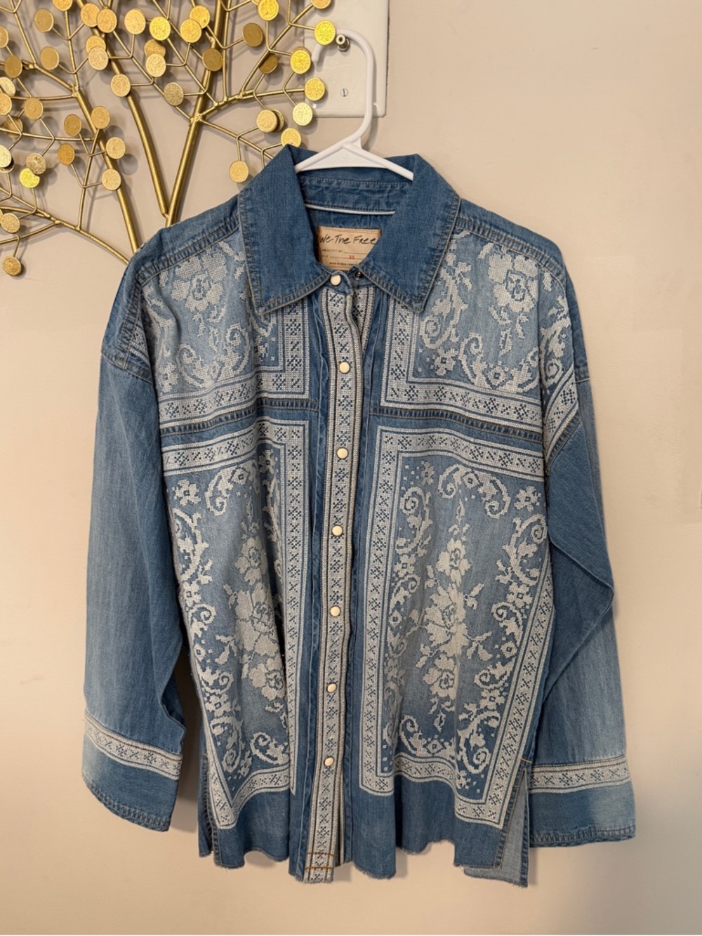 We The Free Light and Medium Blue Printed Denim Shirt